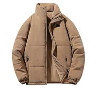 Gsywaipei Men's Thick Corduroy Puffer Jacket Warm Insulated Lined Solid Male Puffy Coat Collar Long Sleeve Zip Down Jackets
