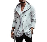 Gsywaipei Men's Wool Hooded Coat Double Breasted Long Pea Overcoat Winter Classic Warm Trench Peas Coats, White, S