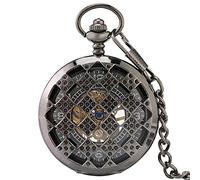 GSZCCZS Black Regular Rhombus Hollow Numbers Face Mechanical Pocket Watch Hand-Winding Chain Full Steel Pocket Watch for Men Women