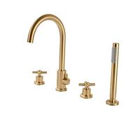 GSZCCZS Brushed Gold Bathtub Faucet with Hot and Cold Water Widespread 4 Holes Gooseneck Bathroom Tub Faucet Deck Mounted Bath Shower Mixer Taps with Handheld Shower