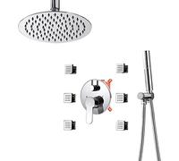 GSZCCZS Concealed Rain Shower System, Bathroom Shower Taps Rainfall with 6pcs Rotate Massage Jet Shower Faucet Ceiling Mount 10" Overhead Shower Head with Hand Shower and 1.5m Shower Hose,Black Round