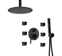GSZCCZS Concealed Rain Shower System, Bathroom Shower Taps Rainfall with 6pcs Rotate Massage Jet Shower Faucet Ceiling Mount 10" Overhead Shower Head with Hand Shower and 1.5m Shower Hose,Black Round