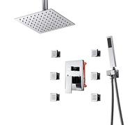 GSZCCZS Concealed Rain Shower System, Bathroom Shower Taps Rainfall with 6pcs Rotate Massage Jet Shower Faucet Ceiling Mount 10" Overhead Shower Head with Hand Shower and 1.5m Shower Hose,Black Round