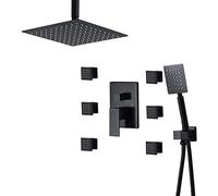 GSZCCZS Concealed Rain Shower System, Bathroom Shower Taps Rainfall with 6pcs Rotate Massage Jet Shower Faucet Ceiling Mount 10" Overhead Shower Head with Hand Shower and 1.5m Shower Hose,Black Round