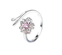 GSZCCZS Flower 925 Silver Plated Engagement Open Band Ring for Women Girls Birthstones Statement Adjustable Cherry Blossom Leaf Finger Rings Comfort Fit Boho Birthday Wedding Jewelry