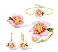 GSZCCZS Jewelry Set For Women Sterling Silver Pink Flower Pendant Earrings Ring Bracelet Set Fine Jewelry Handmade Enamel