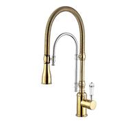 GSZCCZS Kitchen Faucet, Single Handle High Arc Swiveling Dual-Mode Pull-Down Sprayer Kitchen Sink Faucet with Porcelain Handle in Polished Gold, Solid Brass Mixer Tap,A (Color : A)