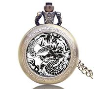 GSZCCZS New Retro Chinese Dragon Theme Glass Dome Case Design Pocket Watch with Chain Necklace