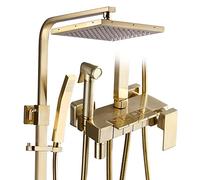 GSZCCZS Rain Shower System 8 Inch Brushed Gold Shower Faucet Set Wall Mounted Shower Combo Set Brass Rain Mixer Shower with Shower Head, Tub Spout, Handheld Shower,Bidet Sprayer