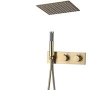 GSZCCZS Rain Shower System Thermostatic Shower Faucet Set Brass Double Handle Shower Combo Set Ceiling Mounted Rain Mixer Shower with Handheld Shower, 12 Inch Shower Head (Brushed Gold)