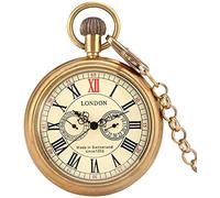 GSZCCZS Retro Antique Copper London 1856's 5 Hands Mechanical Pocket Watch Top Luxury Hand Winding Skeleton Men Clock with 30cm Chain