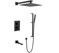 GSZCCZS Shower Set Black Thermostatic Concealed Bathroom Rain Mixer Shower System with 10-12 Inch Square Rainfall Shower Head and Tub Taps and Slide Bar Wall Mounted Luxury Shower Set,12 Inch