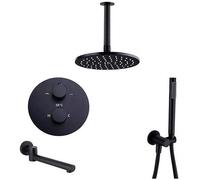GSZCCZS Shower System, Thermostatic Ceiling Mounted Brass Black Bathroom Shower with 8-12" Round Rainfall Shower Head Handheld Shower Head and Bathtub Faucet, Luxury Shower Set,12 inch