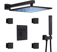 GSZCCZS Shower System, Wall Mount Thermostatic Brass Matte Black 10-12 Inch LED Rain Shower Head Combo System with Body Jets and Handheld Bathroom Luxury Shower Set,10 Inch