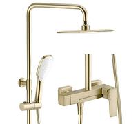 GSZCCZS Shower System Wall Mounted Shower Faucet Set Height Adjustable Holder Rain Shower System Adjustable Hot and Coldshower System Set with Shower Head,ABS Hand Shower (Brushed Gold)
