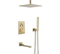 GSZCCZS Shower Systems, Brushed Gold Brass Concealed Thermostatic Ceiling Mounted Bathroom Shower Faucet Set with 10-12" Square Rainfall Shower Head and Handheld Tub Taps, Luxury Shower Se