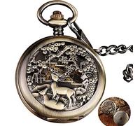 GSZCCZS Vintage Bronze Steampunk Mechanical Pocket Watch Men Waist Chain Deer Hollow Design Dial Roman Number Two Open Face Male Clock