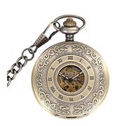 GSZCCZS Vintage Bronze Wooden Mechanical Pocket Watch Roman Numerals Creative Carving Flower Dial