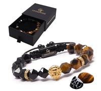 GT collection Men's Brown Tiger Eye & Black Onyx Lion Head Beaded Bracelet - Premium Natural Gemstone Adjustable Bracelet for Men - 10mm Beads - Golden Charm - One Size Fits All - Gift for Him