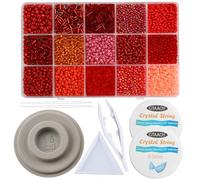GTAAOY Mix 15 Color Glass Seed Beads, Glass Bugle Beads Tube Beads, Bracelet Bead Boards, Tweezers,Elastic Sting for Jewelry Making(Mix Size,Red)