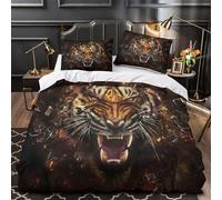 GTDKSUEVG 3D Design Printed 3 Pcs Bedding Set Bedroom Decor Extra Fierce Tiger Face Comforter Cover Breathable Wrinkle-Resistant for Girls,Teens,Boys Wild Animal Quilt Cover Single（135x200cm）