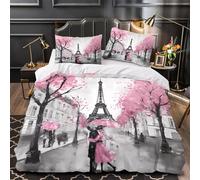 GTDKSUEVG 3D Design Printed 3 Pieces Bedding Set Paris Street Comforter Cover Home Decor Zipper Extra Soft Easy Care Washable for Boys,Girls,Teens romantic Pink Blossoms Quilt Cover King（220x240cm）