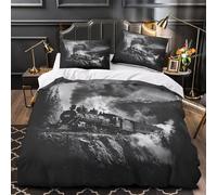 GTDKSUEVG 3D Printed 3-Piece Bedding Set Bed Decor Design Vintage Train Comforter Cover Washable Hypoallergenic for Boys,Girls,Adults Black And White Mountain Quilt Cover Super king（260x220cm）