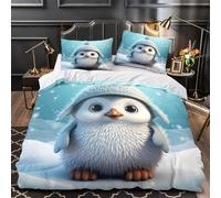 GTDKSUEVG 3D Printed 3 Pieces Bedding Set Bedroom Decor Extra Cute Penguin Winter Hat Comforter Cover Machine Washable Hotel Quality for Youth,Teens,Boys Coon Snowy Quilt Cover Super king（260x220cm）