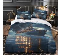 GTDKSUEVG 3D Printed 3PCs Bedding Set Bed Decor Zipper Closure Extra Warship at Sea Comforter Cover Durable Anti-allergic for Kids,Teens,Adults Night Battle Quilt Cover Single（140x200cm）