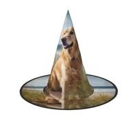 GTGHYLHA Golden Retriever On The Beach Full Screen Printed Oxford Fabric Soft And Comfortable Unisex Carnival Halloween Party Witch Hat