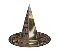 GTGHYLHA Library Bookshelf Book Print Full Screen Printed Oxford Fabric Soft And Comfortable Unisex Carnival Halloween Party Witch Hat