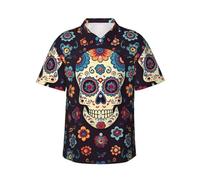 GTGHYLHA Skulls Full Single-Sided Printed Pattern Polyester Fabric Men's Short Sleeved Hawaiian Shirt Men's Button up Shirt Black