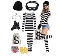 GTHBA Halloween Robber Costume Set, Burglar Costume Women, 8 Pieces Cosplay Thief Accessories for Halloween Party, Bank Robber Black and White Striped Shirt Costume (M)