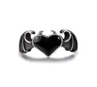 GTHIC Stainless Steel Gothic Devil Bat Black Heart Wing Ring for Women Vintage Demon Love Statement Jewelry Pinky Ring US Size 6