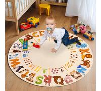 GthreeD Kids Play Rug Alphabet Animals - Round 120 cm Soft & Non-Slip Beige