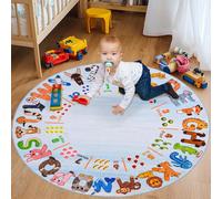 GthreeD Round Play Rug Alphabet Animals,Soft & Non-Slip Machine Washable,Ideal for Educational Game Learning Exploration Perfect for Nursery Living Room Study Playroom Decor,Blue,Round 120cm