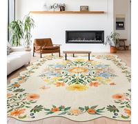 GthreeD Washable Boho Rug 200 x 300 cm - Large Short Pile Living Room Rug - Oriental Vintage Design, Soft, Non-Slip for Bedroom, Dining Room, Kitchen, Wavy Edge, Floral Beige