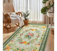 GthreeD Washable Living Room Rug, 120 x 160 cm, Boho Short Pile Bedroom Rug, Oriental Vintage Rugs, Soft Non-Slip Design for Bedroom, Dining Room, Kitchen, Flower Green