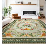 GthreeD Washable Living Room Rug, 200 x 300 cm, Boho Short Pile Rug, Large Bedroom, Oriental, Vintage, Soft, Non-Slip Design for Bedroom, Dining Room, Kitchen, Flower Green