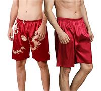 GTHTTT Men's 2Pcs Silk Short Lightweight Sleep Pants Elastic Waistband Lounge Stretch Boxer Shorts Loungewear Separate Bottoms,Red,L