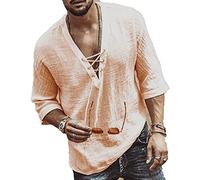 GTHTTT Men's Medieval Retro Lace-Up V-Neck T-Shirts Cotton Linen Tees Mid-Sleeve Solid Color Beach Yoga Top Casual Pullover,Apricot,5XL