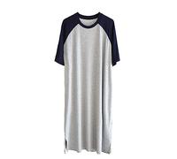 GTHTTT Men's Nightshirt Cotton Raglan Sleepwear Short Sleeve Pajama Dress Round Neck Sleep Shirt Splicing Nightgown,navy light gray,3XL