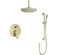 GTHTUHFD Concealed Ceiling Bathroom Brass Round 8-12 Inch Brushed Gold Rainfall Shower Faucet System With Slide Bar Set, Luxury Shower Set,12 Inch,12 inch
