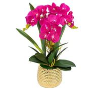 GTHTUHFD Simulation Flower Artificial Bonsai Silk Orchids Phalaenopsis With Golden Vase Fake Orchid Flowers Arrangement Romantic Dried Flower Decoration,Deep Purple