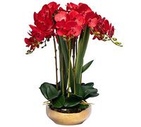 GTHTUHFD Simulation Flower Artificial Orchid Fake Flowers Phalaenopsis 8 Head Orchids Faux Flowers With Golden Vase Decor Exquisite Flower Arrangement,Red