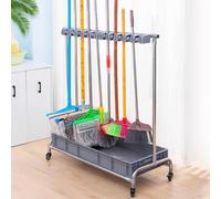 GTHTUHFD Stainless Steel Mop And Broom Holder Organizer, Movable Storage Cabinet With Wheels For Efficient Cleaning Supplies Management