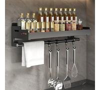 GTHTUHFD Wallmounted Kitchen Shelf With Hooks And Paper Towel Holder - Stainless Steel Spice Rack No Drilling Required Perfect For Organizing Spices And Maximizing Small Spac,Negro-30CM