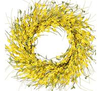 GTIDEA 24" Spring Wreaths for Front Door Artificial Forsythia Flower Wreath on Grapevine Yellow Wreath with Green Leaves Silk Floral Wreath for Home Indoor Wall Window Garden Porch Farmhosue Decor
