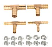 GTIWUNG 4 x 3-Way T-Shaped Fuel Hose Connector, Brass Gasket Hose Connector Adapter for Gasoline Air Gas Oil (6/8/10/12mm) + 12pcs Hose Clamp