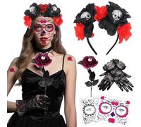 GTJEOI Day of the Dead Headband Halloween, Day of the Dead Veil with Halloween Temporary Face Tattoos, Rose and Lace Gloves, Dia De Los Muertos Headband for Halloween, Carnival, Fancy Dress